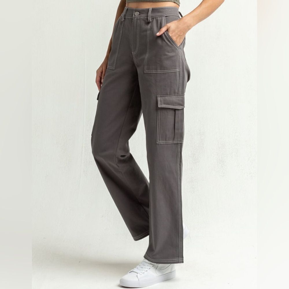 FULL TILT Small Contrast Stitch Gray Cargo Pants Straight Leg Pockets - Picture 2 of 9